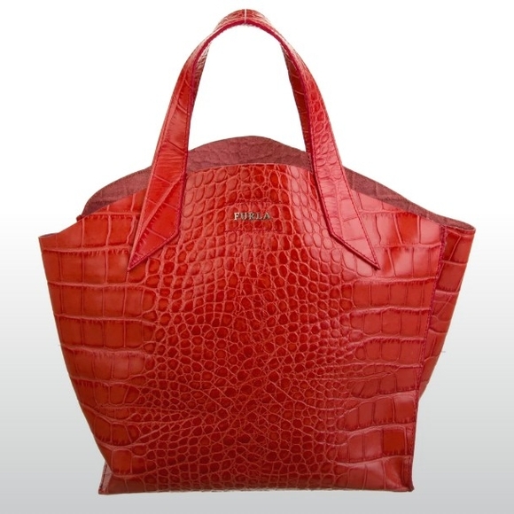 Furla Handbags - Furla Dark Pink/Red Croc-Embossed Women's Tote Bag